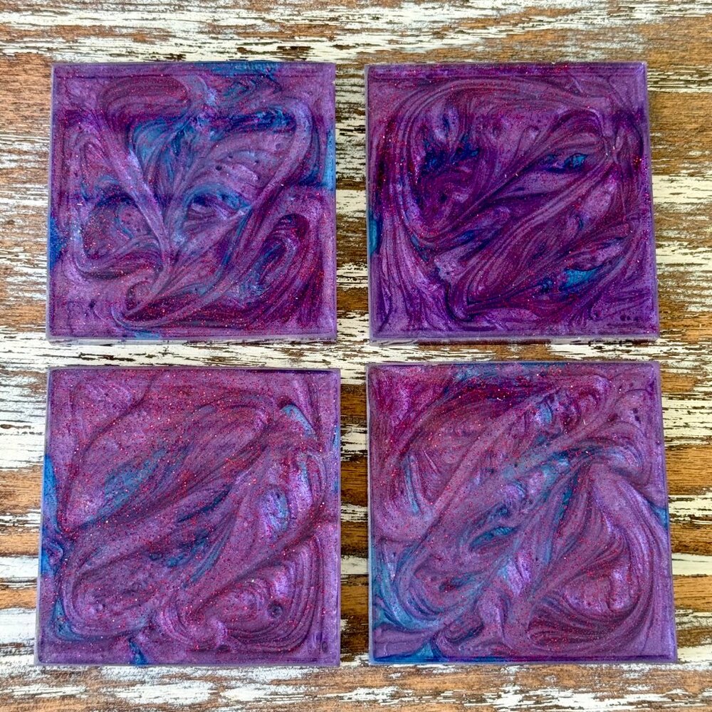 Purple Blue Galaxy Swirl Resin Drink Coasters Set of 4 House Housewarming Gift